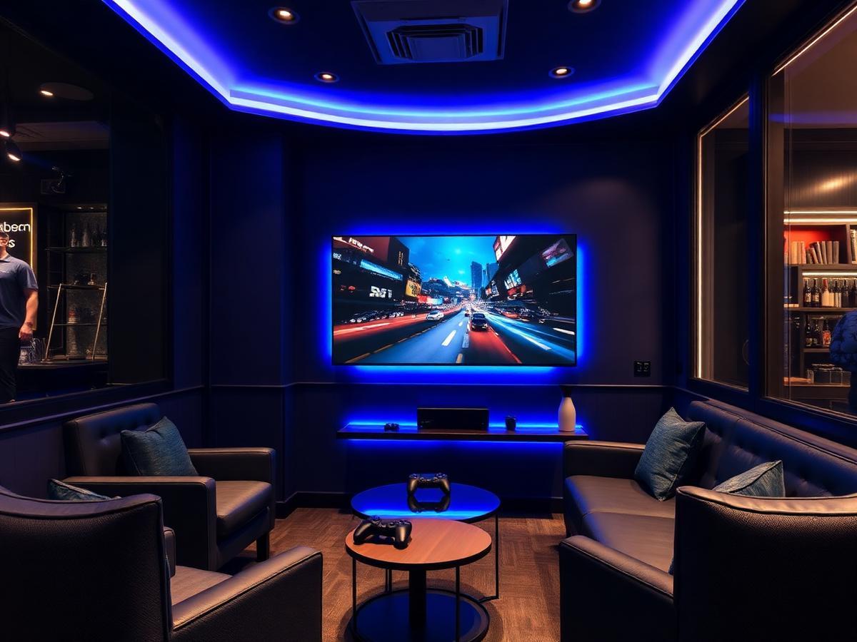 PS5 gaming stations with large screens and lounge seating